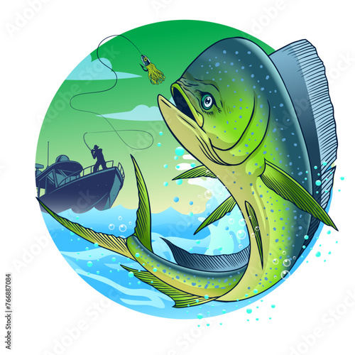 Fisherman Catching Mahi-Mahi Fish Jumping Out of  Water