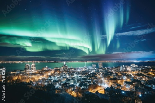 Northern lights shining over city, adding airy magic to urban atmosphere