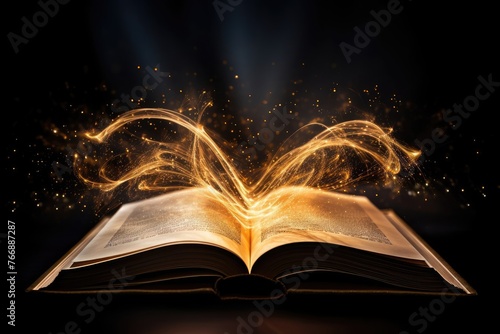 Shiny golden book surrounded by glowing rays and sparkles on dark surface