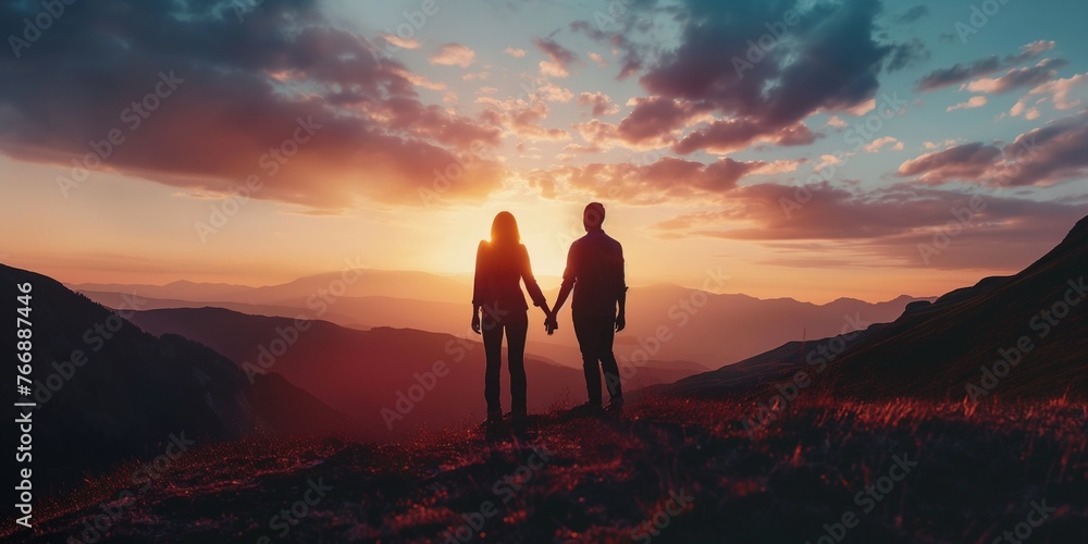 silhouette of couple holding hands standing in high mountain at the sunset 