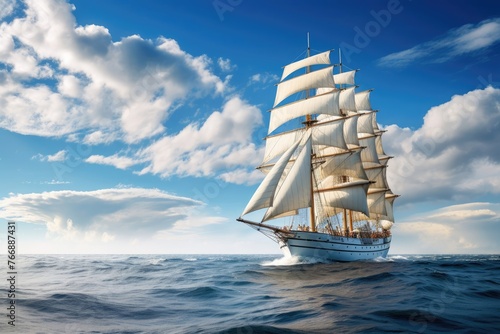 Sailing ship on calm blue waves under bright sky with fluffy clouds, travel concept