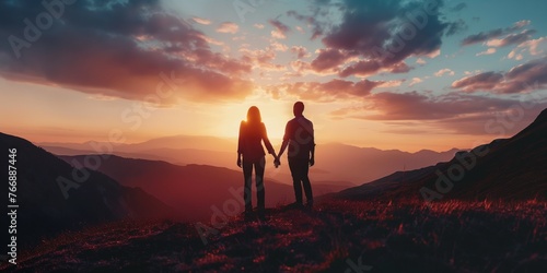 silhouette of couple holding hands standing in high mountain at the sunset  © Ivana