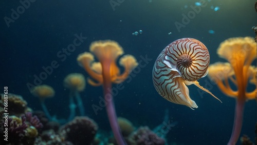 A nautilus floating