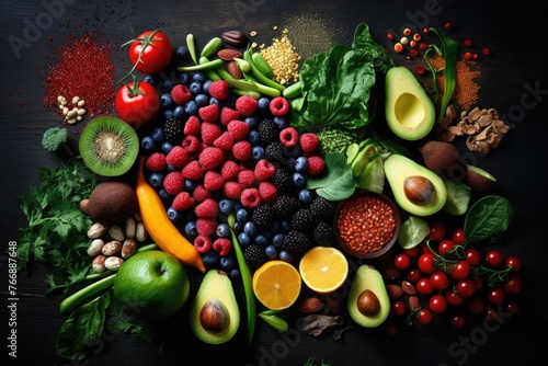 Assortment of fresh nutrient-rich fruits, vegetables, greens, berries, and nuts