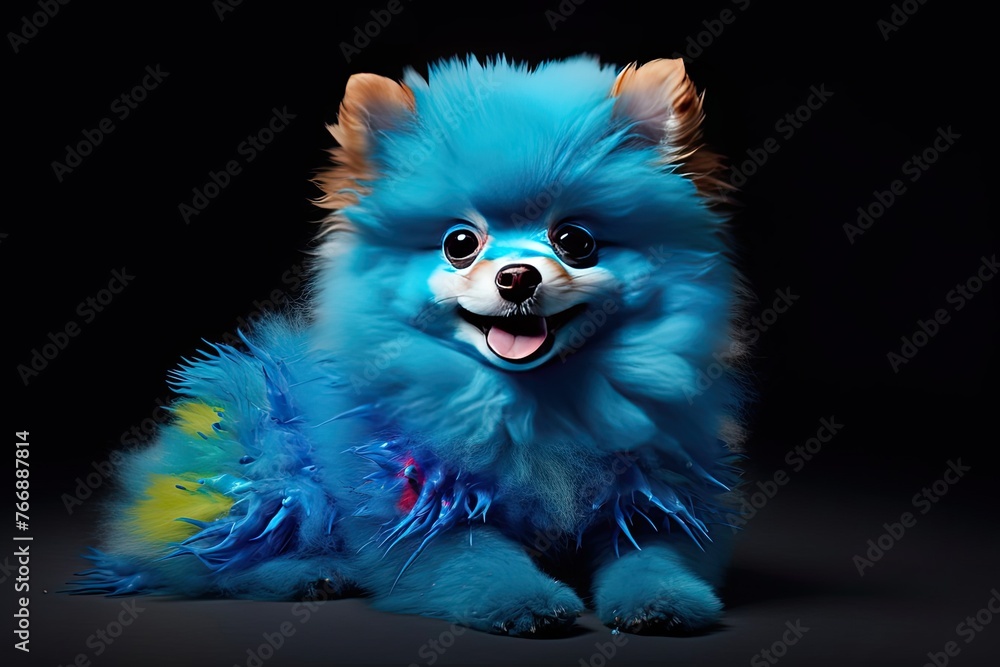 Vividly colored smurf-style pomeranian dog in a captivating portrait