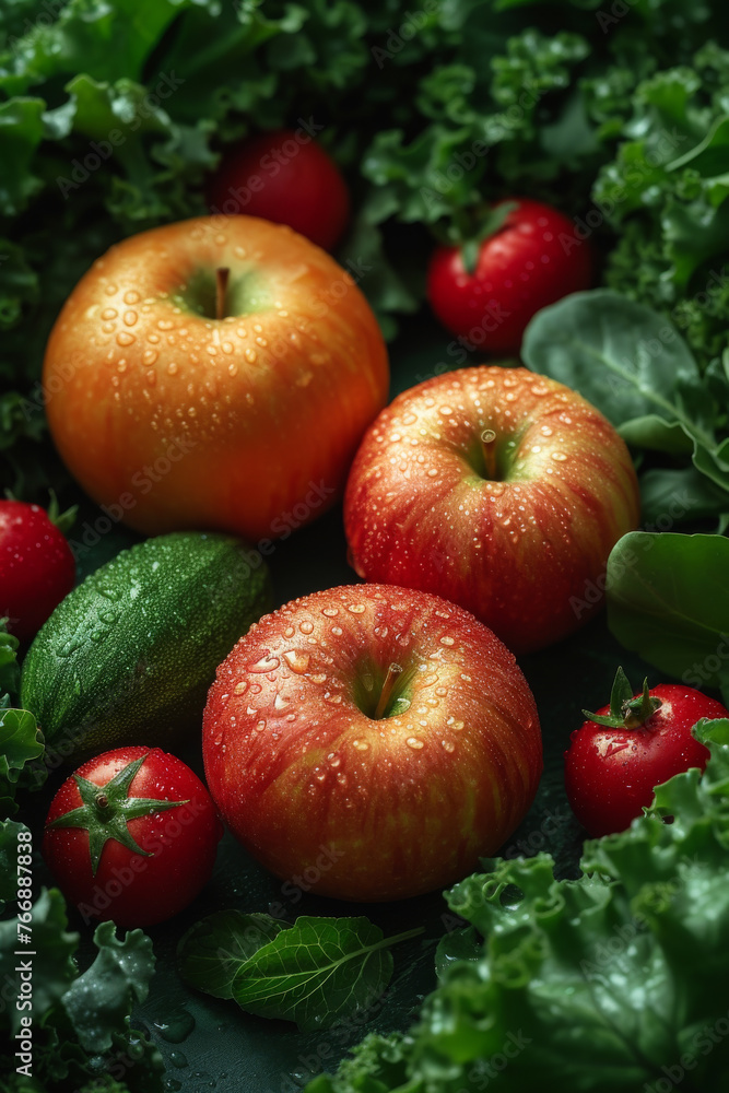 Fresh red apples tomatoes cucumbers and green lettuce on dark background