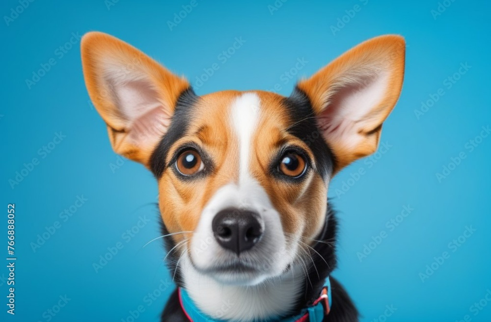 Cute dog on blue isolated background. Free space for inscriptions Cute dog on blue isolated background. Free space for inscriptions