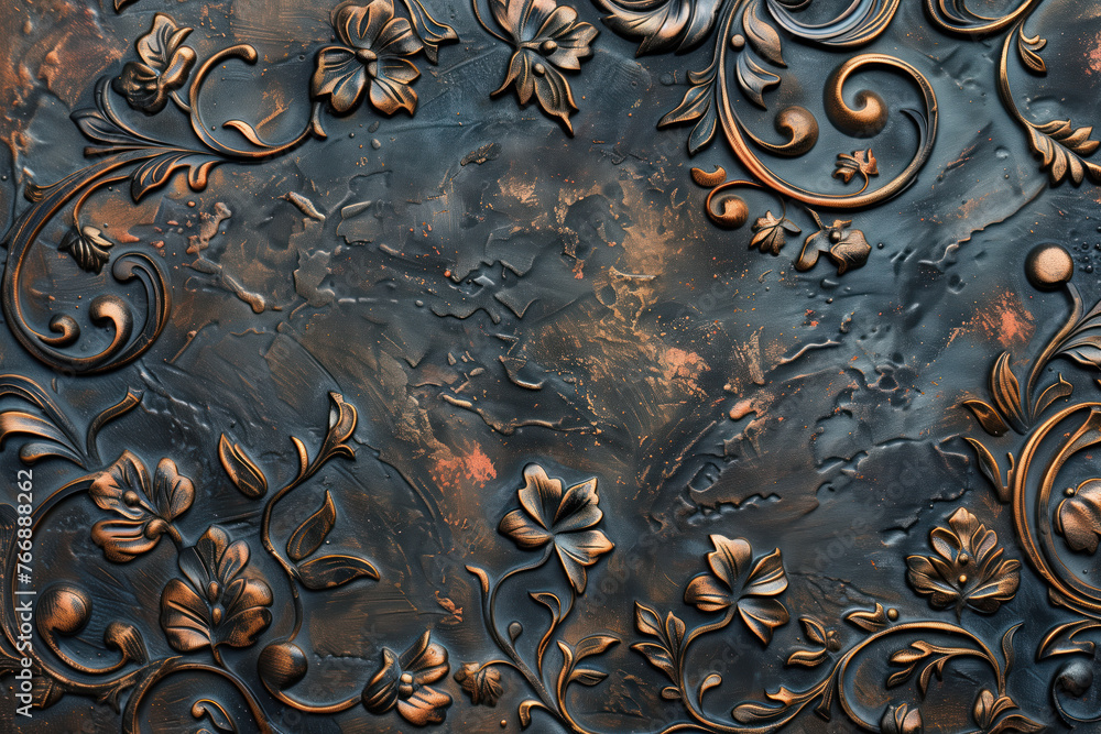 Bronze antique floral pattern art background image. Created with Generative AI technology.