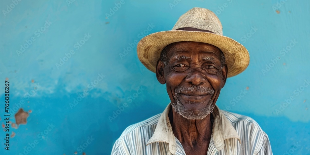 Elderly African Man in Straw Hat Smiling
