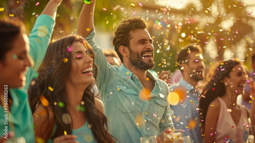 Exuberant friends are celebrating with confetti and laughter under the sun.