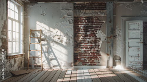 A wooden ladder leans against a sunlit wall with peeling paint, near a window, with a paint bucket, roller, and a dropcloth on the floor. photo