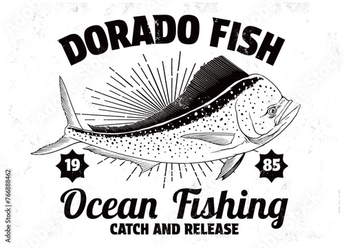 T-Shirt Design of Dorado Fish Illustration in Vintage Style
