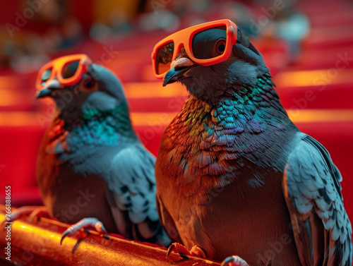 Pigeons wear orange glasses on the background of red seats photo