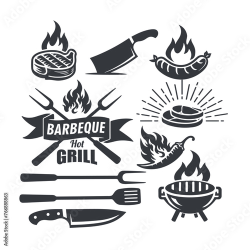 Set barbecue grill BBQ steak restaurant butchery vintage logo vector graphic template