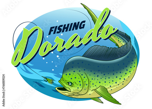 Vintage Colored Shirt Design of Dorado Fishing Realistic Illustration