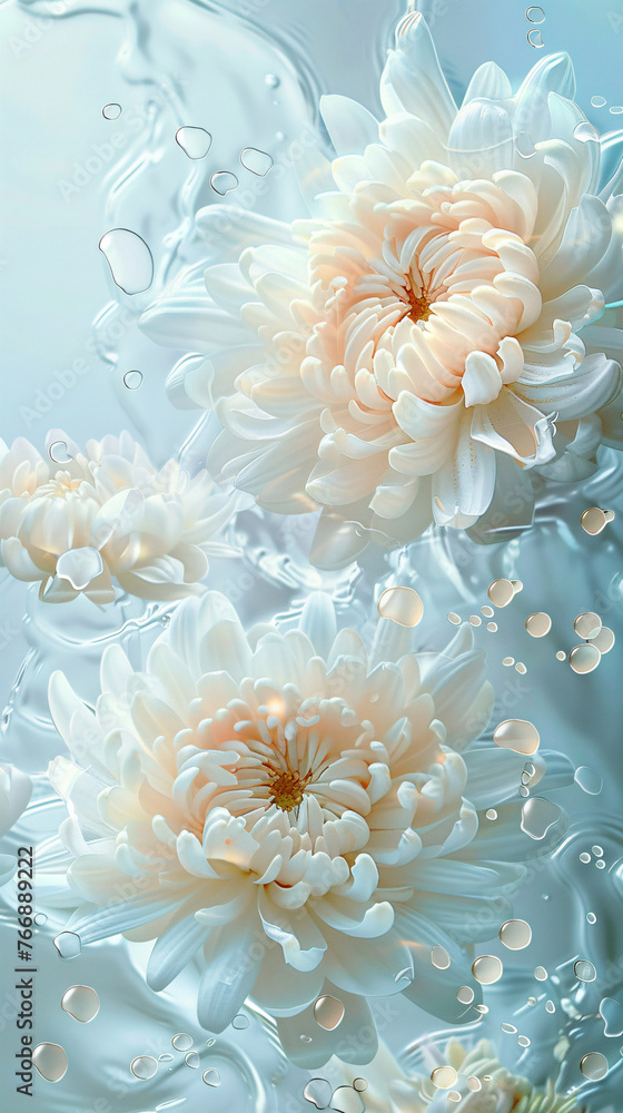 White chrysanthemum in fluid liquid, spring natural flowers illustration background White chrysanthemum in fluid liquid, spring natural flowers illustration background