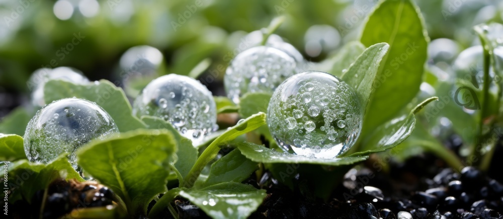 A closeup of a terrestrial plant covered in water droplets, possibly a grass, groundcover, shrub, or flowering plant, creating a beautiful natural landscape scene A closeup of a terrestrial plant covered in water droplets, possibly a grass, groundcover, shrub, or flowering plant, creating a beautiful natural landscape scene