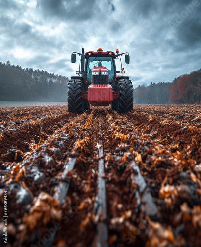 Tractor plowing the field at dusk