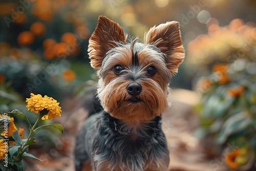 Yorkshire Terrier dog amidst yellow flowers, bokeh background..Pet care products, animal companionship promotion..AI Generated. © Mariana