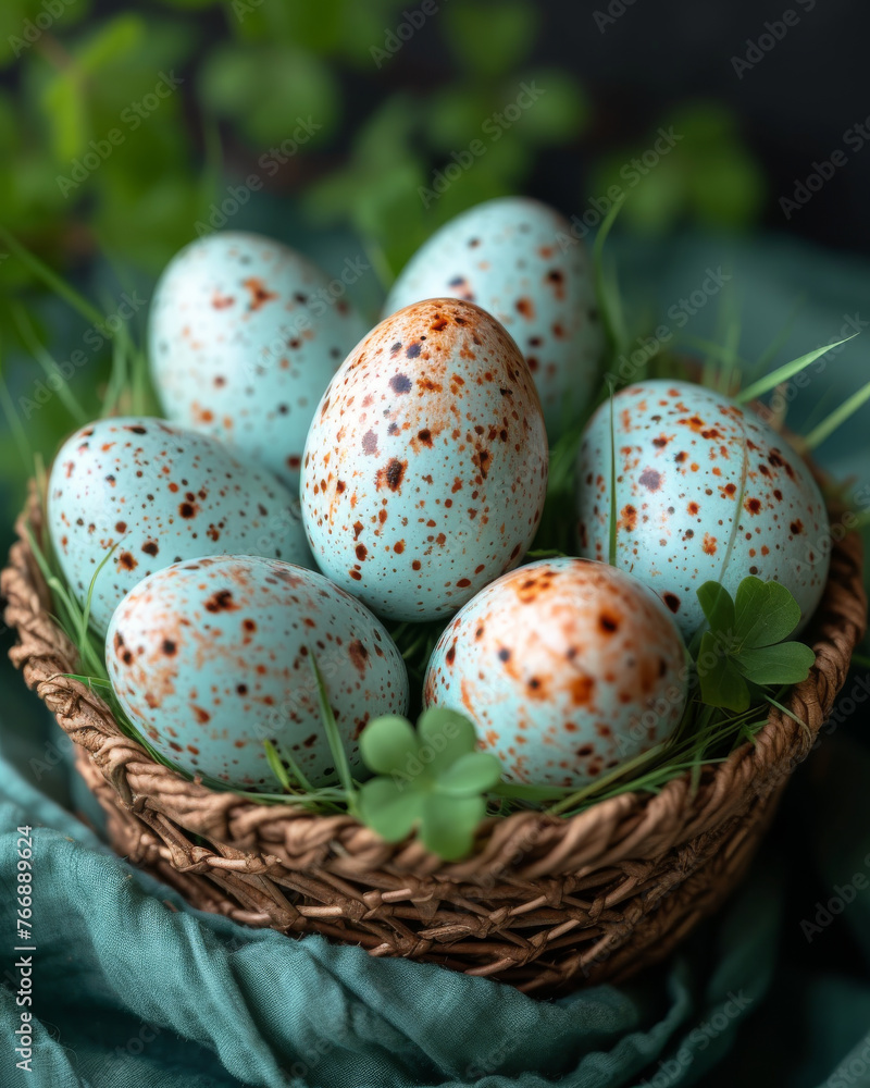 Easter eggs in wicker basket on dark wooden background