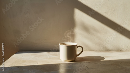 Modern mug of tea with with steam rising, minimalist table, sustainable cafe with stucco cement walls, isolated shot, sunny, bright but soft light, clear sky, shadowplay