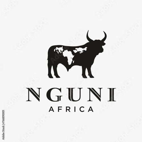 Nguni buffalo cow logo icon vector template on white background with african word map mark photo