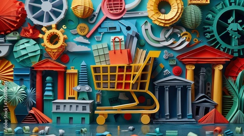 Papercut Illustration of a Shopping Cart on a Soft Pastel Background: A Unique Blend of E-commerce and Art generetive ai