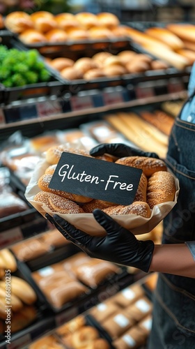 Person holding a basket of gluten-free bread in a bakery..Food retail and bakery marketing, dietary awareness campaigns..AI Generated.