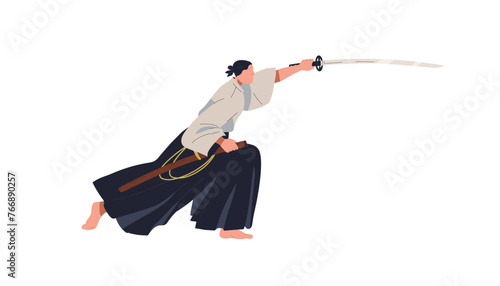 Iaido fighter. Japan iai wrestler in attacking pose, fight stance. Japanese m...