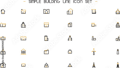 建物をモチーフにしたシンプルなラインアイコンセット（黄）　Simple building line icon set (yellow)
