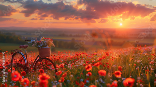A bicycle with a basket of flowers is parked in a field of flowers during sunset. photo