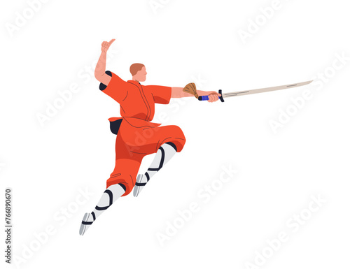 Wushu fighter. Traditional Chinese kung-fu wrestler in attacking stance in ai...