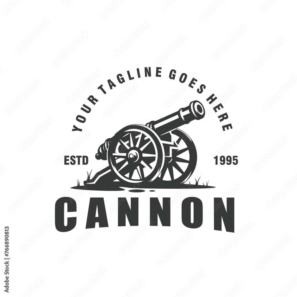 Cannon and wheel Cannonball military vintage logo vector graphic - obrazy, fototapety, plakaty 