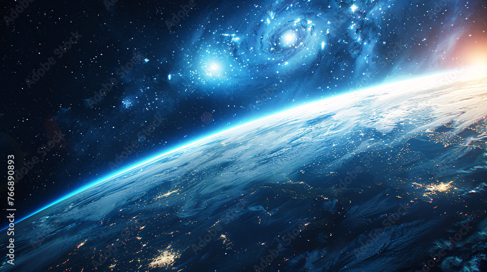 Beautiful scene looking down at the Earth from space, blue technological earth against the background of the universe Beautiful scene looking down at the Earth from space, blue technological earth against the background of the universe
