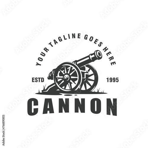 Cannon and wheel Cannonball military vintage logo vector graphic