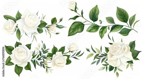 A set of floral branch. Flower white rose. Green leaves. Wedding concept. Floral posters and invites. Modern arrangements for greeting cards and invitations.