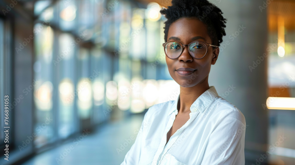Beautiful 45 years old gentle black African American woman, wearing glasses, formal slick hairstyle, smooth face in a modern office building, wearing white shirt, beside a huge window Beautiful 45 years old gentle black African American woman, wearing glasses, formal slick hairstyle, smooth face in a modern office building, wearing white shirt, beside a huge window