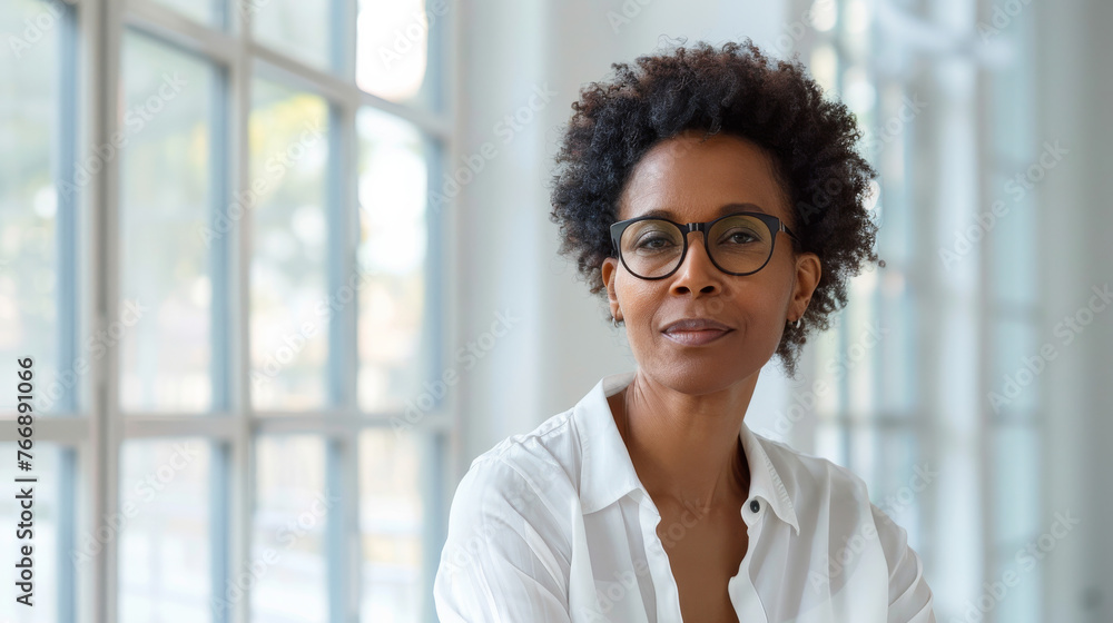 Beautiful 45 years old gentle black African American woman, wearing glasses, formal slick hairstyle, smooth face in a modern office building, wearing white shirt, beside a huge window Beautiful 45 years old gentle black African American woman, wearing glasses, formal slick hairstyle, smooth face in a modern office building, wearing white shirt, beside a huge window