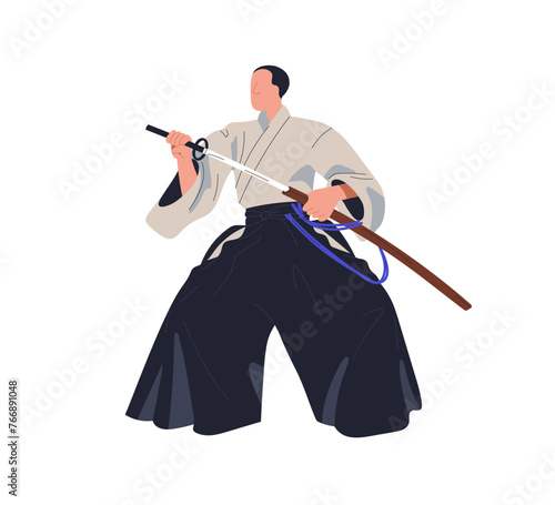 Iaido fighter. Japanese iai wrestler standing in attacking pose, posture with sword. Traditional Japan fighting, wrestling sport, martial art. Flat vector illustration isolated on white background photo
