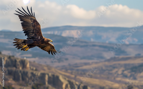 Eagle with spread wings flying. Generative AI © Nipawan