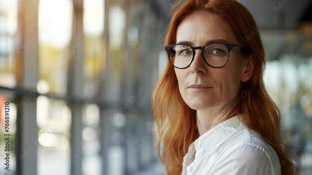 Beautiful 45 years old gentle ginger red hair caucasian woman, wearing glasses, formal slick hairstyle, smooth face in a modern office building, wearing white shirt, beside a huge window Beautiful 45 years old gentle ginger red hair caucasian woman, wearing glasses, formal slick hairstyle, smooth face in a modern office building, wearing white shirt, beside a huge window