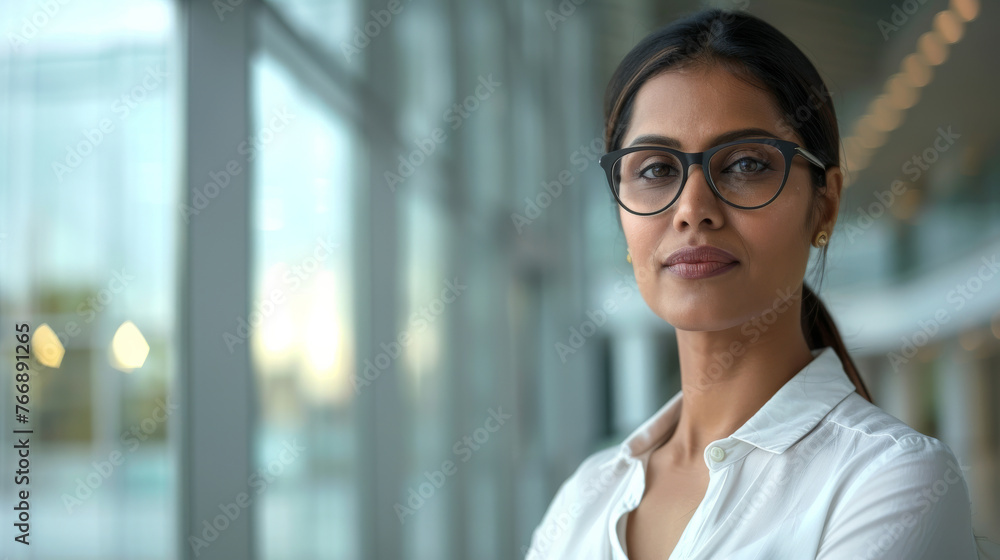 Beautiful 45 years old gentle Indian brunette woman, wearing glasses, formal slick hairstyle, smooth face in a modern office building, wearing white shirt, beside a huge window Beautiful 45 years old gentle Indian brunette woman, wearing glasses, formal slick hairstyle, smooth face in a modern office building, wearing white shirt, beside a huge window