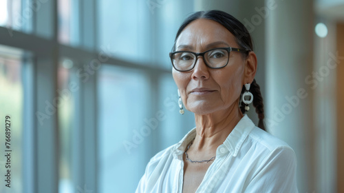 Beautiful 45 years old gentle Native American woman, wearing glasses, formal slick hairstyle, smooth face in a modern office building, wearing white shirt, beside a huge window photo