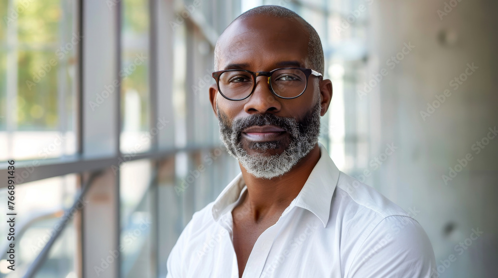 Handsome 45 years old gentle black African American man, wearing glasses, formal slick hairstyle, smooth face in a modern office building, wearing white shirt, beside a huge window Handsome 45 years old gentle black African American man, wearing glasses, formal slick hairstyle, smooth face in a modern office building, wearing white shirt, beside a huge window