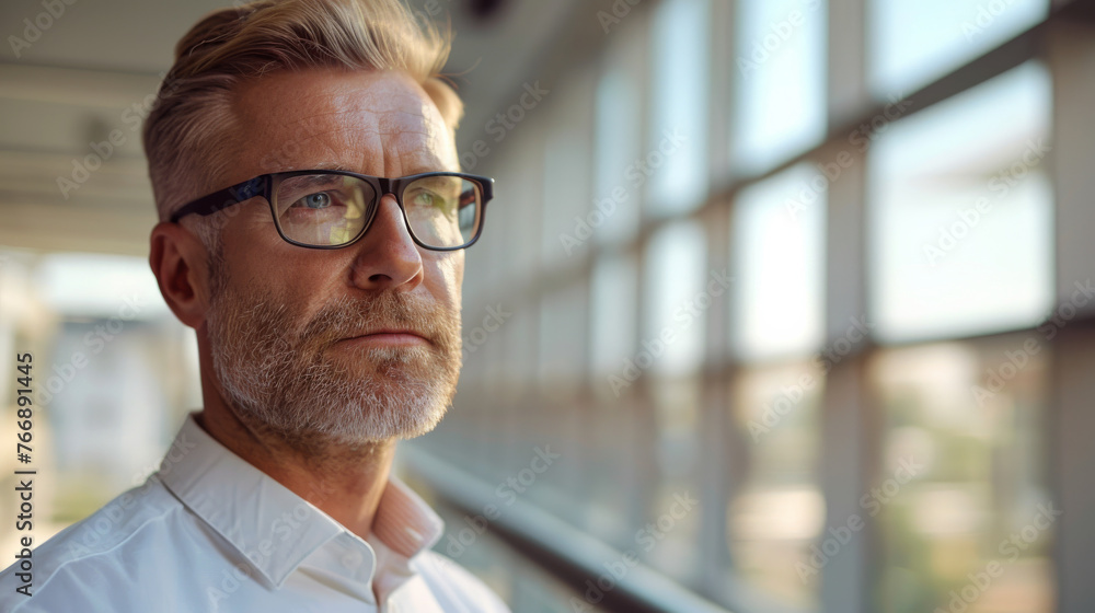 Handsome 45 years old gentle blond hair caucasian man, wearing glasses, formal slick hairstyle, smooth face in a modern office building, wearing white shirt, beside a huge window Handsome 45 years old gentle blond hair caucasian man, wearing glasses, formal slick hairstyle, smooth face in a modern office building, wearing white shirt, beside a huge window