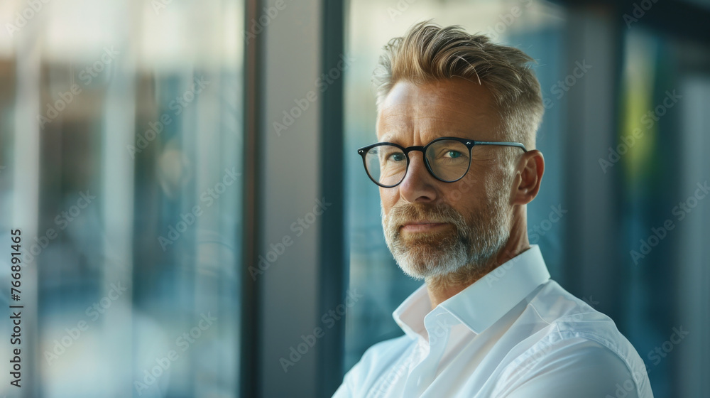 Handsome 45 years old gentle blond hair caucasian man, wearing glasses, formal slick hairstyle, smooth face in a modern office building, wearing white shirt, beside a huge window Handsome 45 years old gentle blond hair caucasian man, wearing glasses, formal slick hairstyle, smooth face in a modern office building, wearing white shirt, beside a huge window