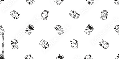 cat seamless pattern rubbish bin garbage trash can vector kitten calico munchkin neko pet cartoon doodle gift wrapping paper tile background repeat wallpaper illustration isolated design