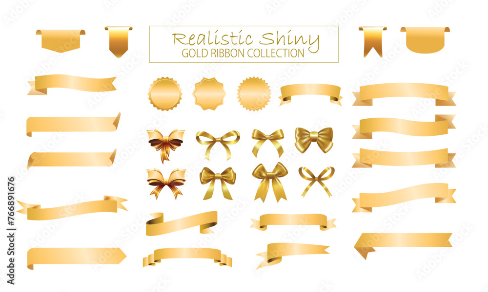 Realistic shiny gold ribbon banner collection and badge ribbon elements Realistic shiny gold ribbon banner collection and badge ribbon elements