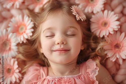 A charming close-up of an adorable infant girl wearing a rose-colored outfit and a blossom in her hair, lying on her back and beaming with joy.