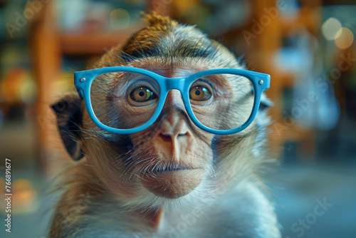 A monkey wearing glasses is staring at the camera. The glasses are blue and the monkey's eyes are bright and curious. Concept of playfulness and curiosity. Cute Monkey ape fashion model wear a glasses